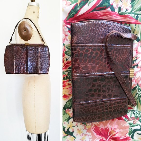 Vintage 50s/60s Genuine Alligator Crocodile Skin Frame Brown Handbag Purse